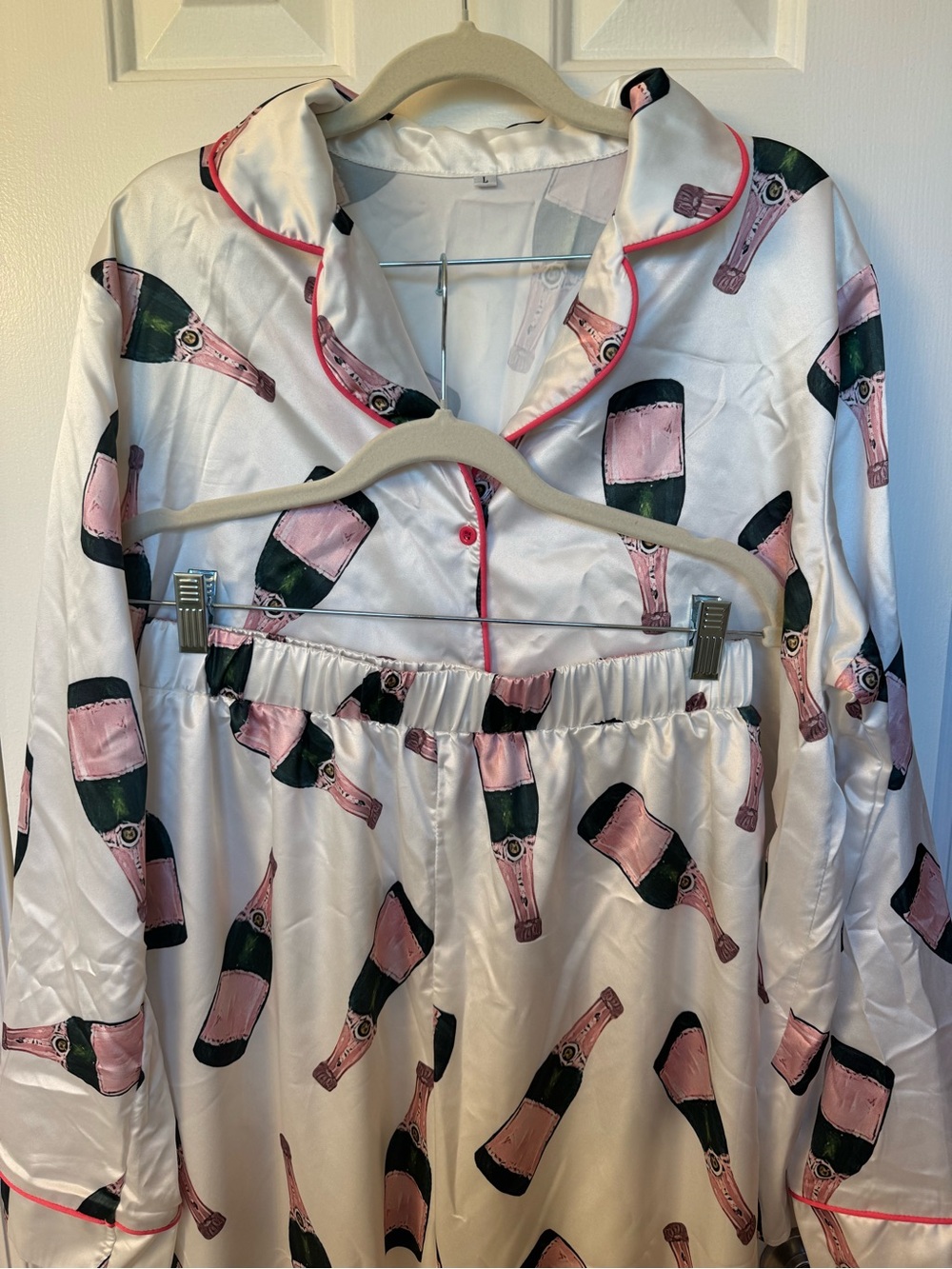 Silky Champagne Bottle Print Pajama Set - White & Pink